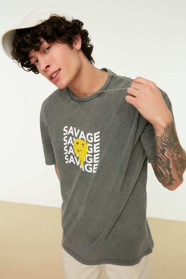 Trendyol Trendyol Anthracite Relaxed/Comfortable Cut Faded Effect Text Printed 100% Cotton T-Shirt
