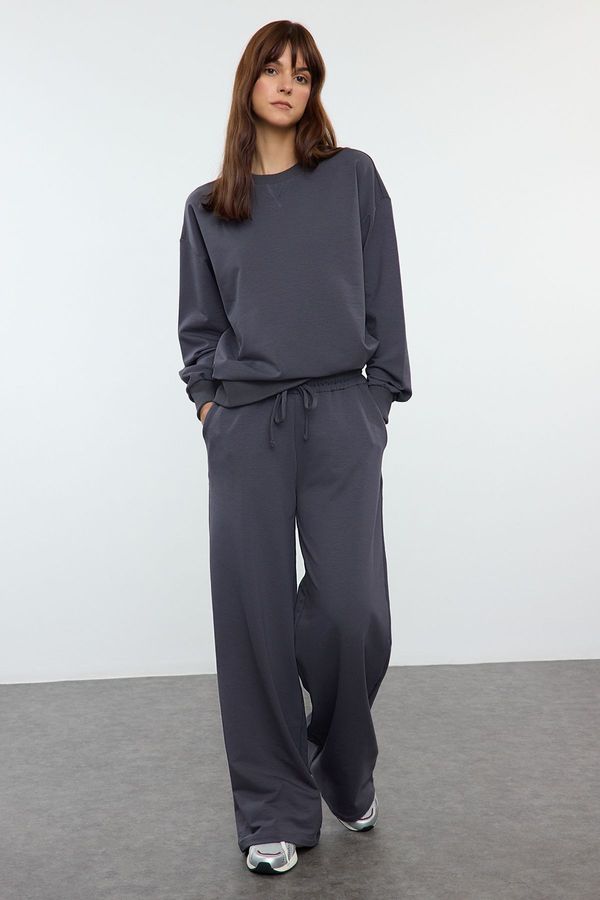 Trendyol Trendyol Anthracite Relaxed/Comfortable Fit Wide Leg/Wide Leg Knitted Sweatshirt/Bottom Tracksuit Set