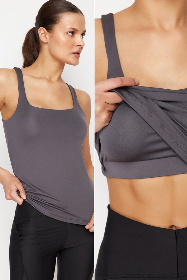 Trendyol Trendyol Anthracite Restorer 2 Layers Sport Bra with Inside Pads Square Neck Knitted Sport Top/Blouse
