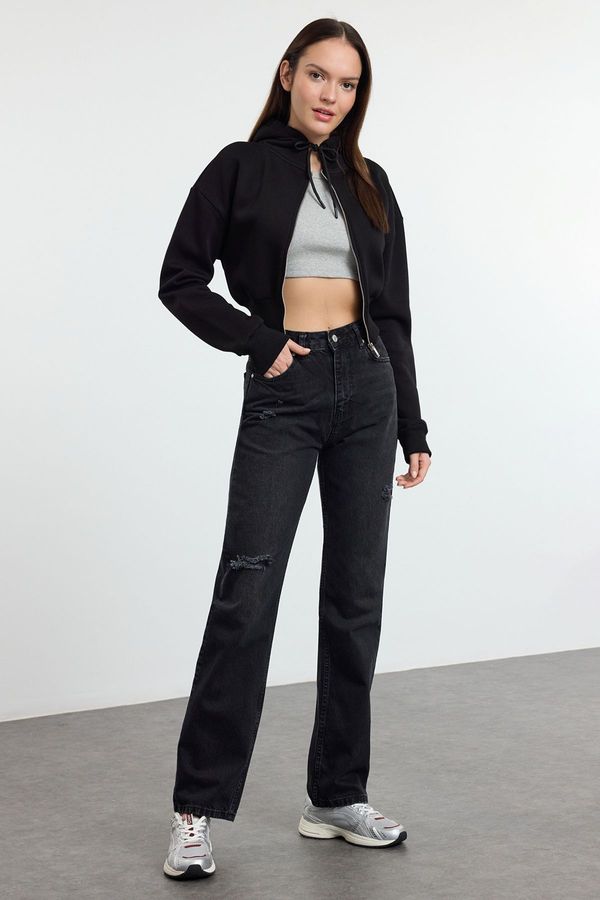 Trendyol Trendyol Anthracite Ripped High Waist Long Straight Jeans