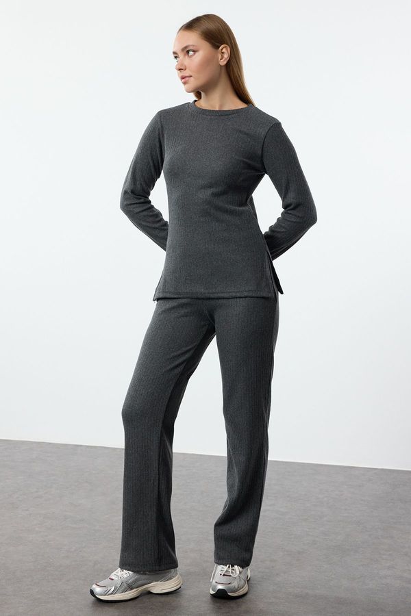 Trendyol Trendyol Anthracite Side Slits Regular/Normal Cut Crew Neck Knitted Bottom-Top Set