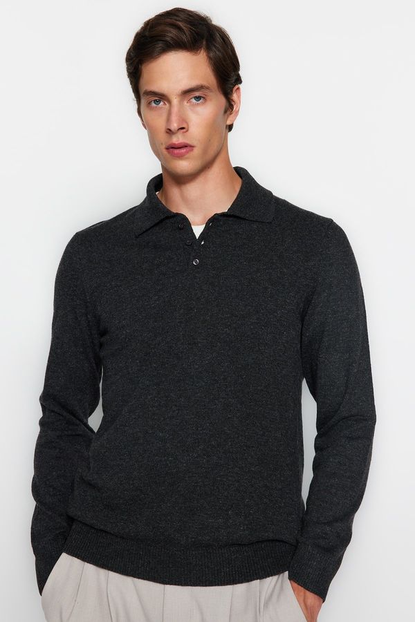 Trendyol Trendyol Anthracite Slim Fit Wool Polo Collar Buttoned Smart Knitwear Sweater