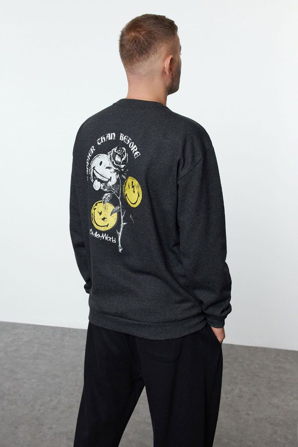 Trendyol Trendyol Anthracite Smiley License Unisex Oversize/Wide Cut Sweatshirt