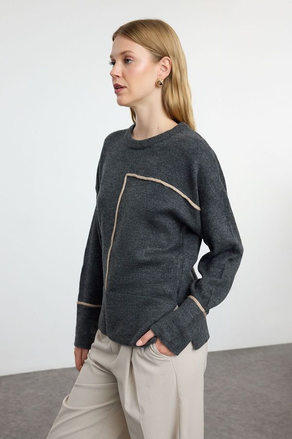 Trendyol Trendyol Anthracite Soft Texture Color Block Crew Neck Knitwear Sweater