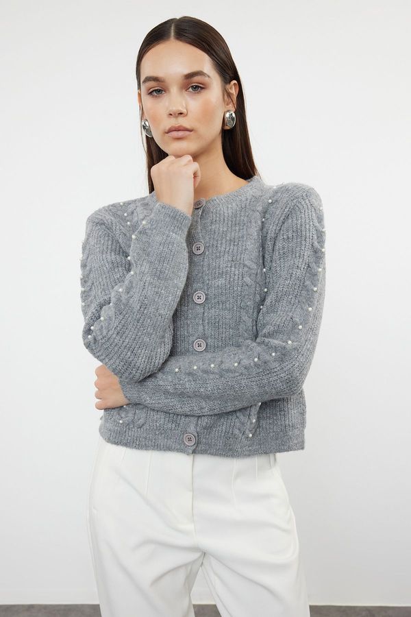 Trendyol Trendyol Anthracite Soft Texture Pearl Detail Jacket Look Knitted Cardigan