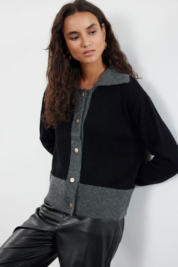 Trendyol Trendyol Anthracite Soft Textured Color Blocked Knitwear Cardigan