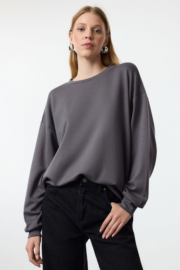 Trendyol Trendyol Anthracite Soft Touch Crew Neck Oversize/Wide Cut Knitted Sweatshirt