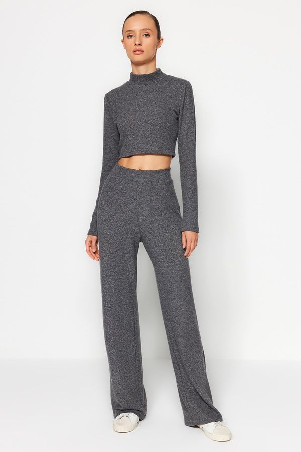 Trendyol Trendyol Anthracite Stand-up Collar Soft Crop and Wide Leg Knitted Bottom-Top Set