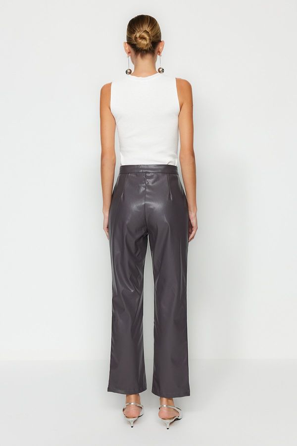 Trendyol Trendyol Anthracite Straight Woven Faux Leather Trousers