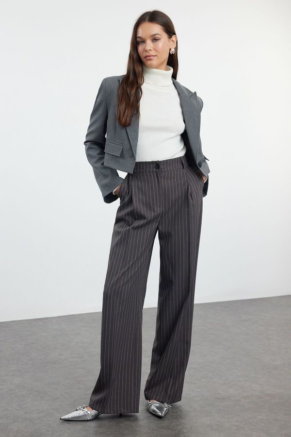 Trendyol Trendyol Anthracite Striped Normal Waist Wide Leg/Wide Leg Woven Trousers