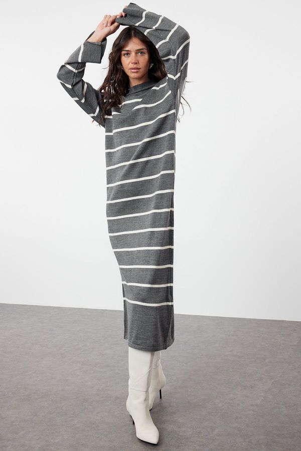 Trendyol Trendyol Anthracite Striped Slit Detailed Knitwear Dress