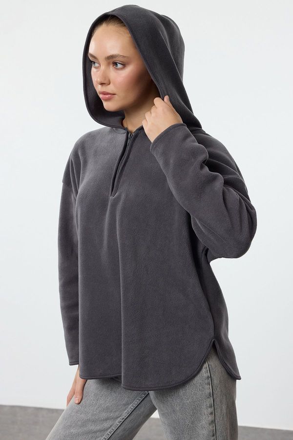 Trendyol Trendyol Anthracite Thick Polar Fleece Hooded and Zippered Oversize/Wide Pattern Knitted Sweatshirt