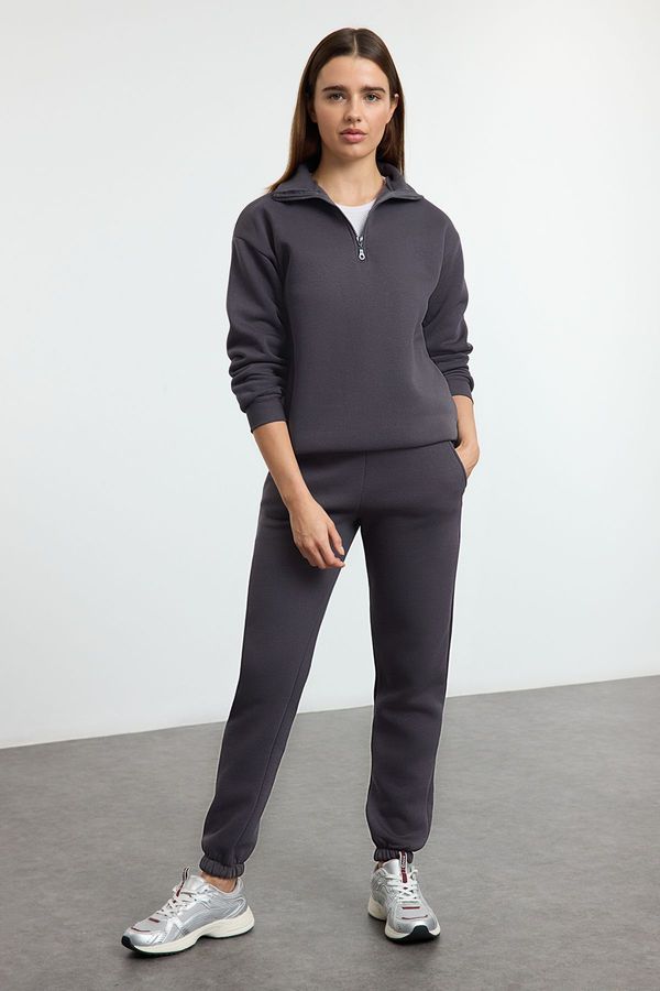 Trendyol Trendyol Anthracite Thick Polar Fleece Zippered Stand Collar Jogger Knitted Tracksuit