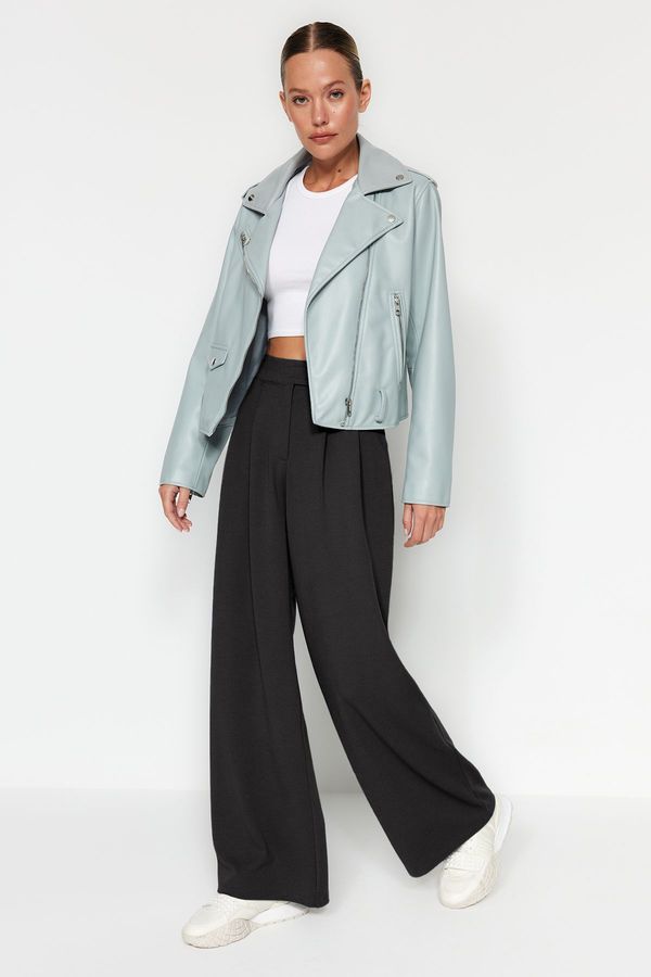 Trendyol Trendyol Anthracite Velcro High Waist Pleated Wide Leg Trousers