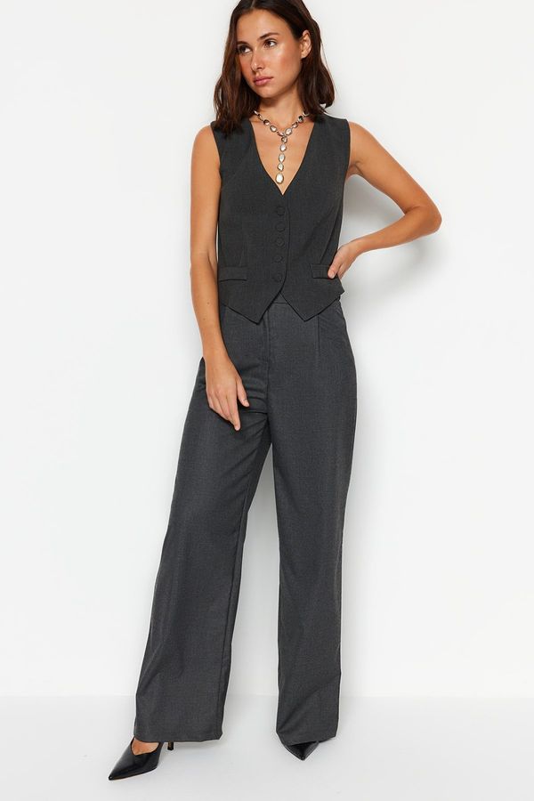 Trendyol Trendyol Anthracite Wide Leg Ribbed Button Detailed Woven Trousers
