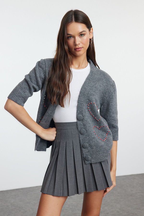 Trendyol Trendyol Anthracite Wool Stone Embroidered Knitted Cardigan