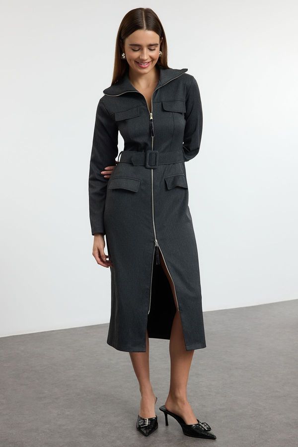 Trendyol Trendyol Anthracite Zippered Pocket Detailed Gabardine Fabric Midi Woven Shirt Dress