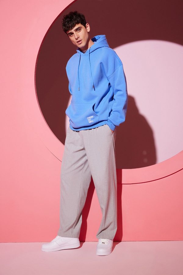 Trendyol Trendyol Basic Blue Oversize/Wide-Fit Hooded Labeled Fleece Inner Sweatshirt
