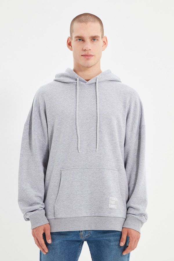 Trendyol Trendyol Basic Gray Men's Oversize/Wide Cut Hooded Labeled Fleece Inside Cotton Sweatshirt