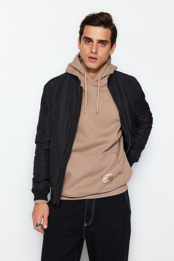 Trendyol Trendyol Basic Khaki Oversize/Wide-Fit Hooded Labeled Fleece Cotton Sweatshirt