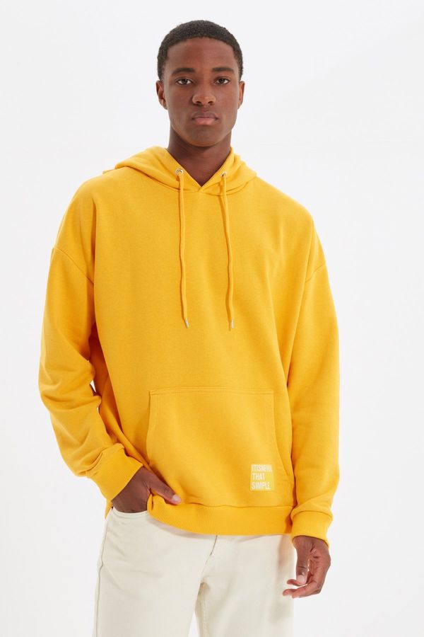 Trendyol Trendyol Basic Yellow Oversize Hooded Labeled Fleece Cotton Sweatshirt