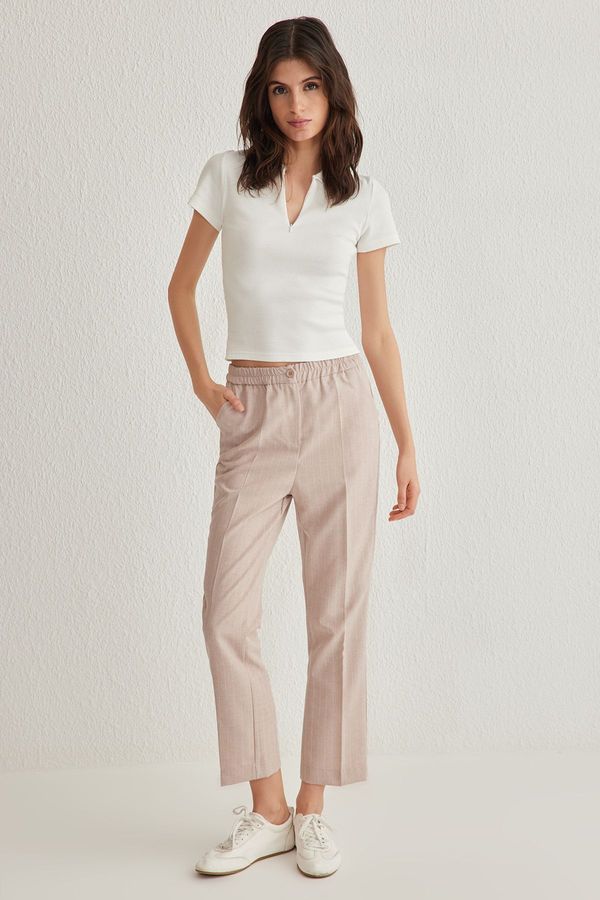 Trendyol Trendyol Beige Back Elastic Waist Striped Straight Cut Woven Trousers