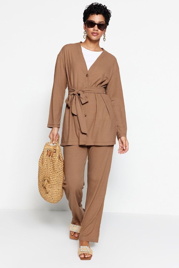 Trendyol Trendyol Beige Belted Oversize Ribbed Knit Tunic-Pants Set