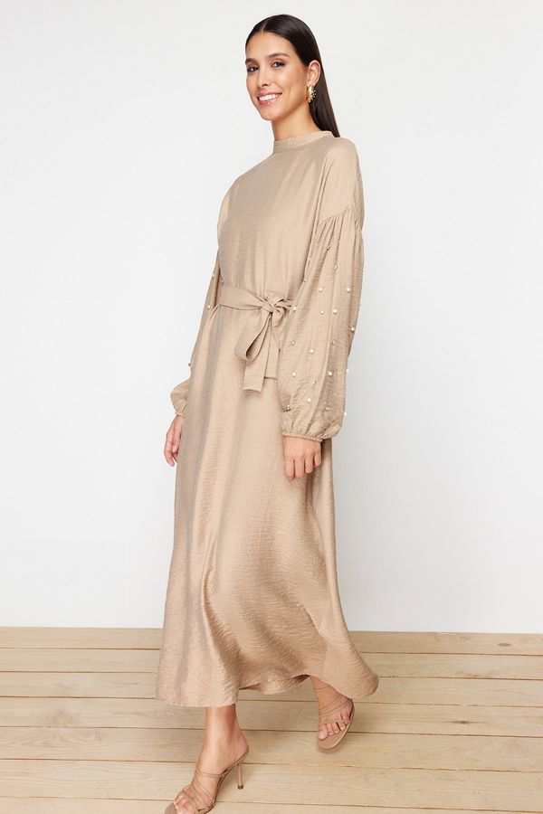 Trendyol Trendyol Beige Belted Pearl and Stone Detailed Woven Dress