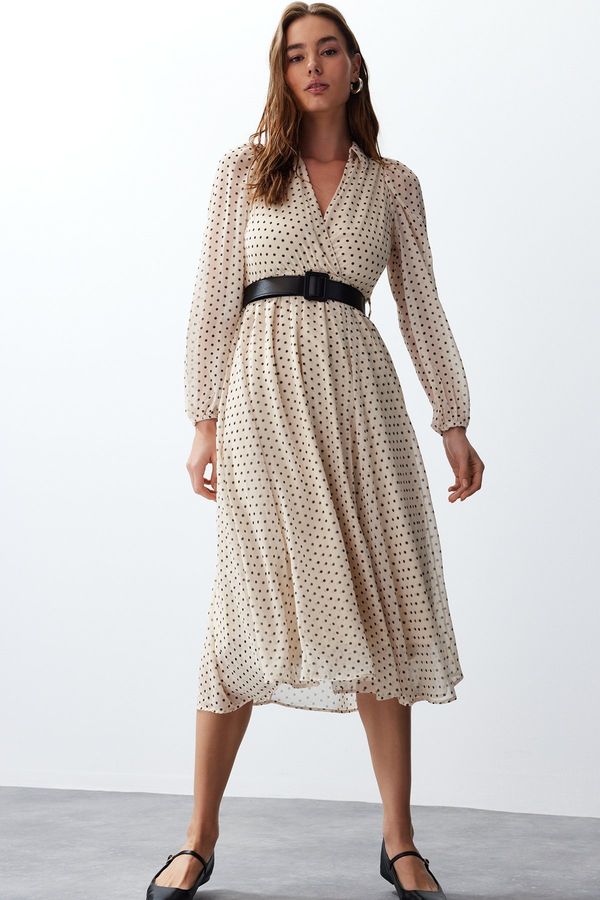 Trendyol Trendyol Beige Belted Polka Dot Chiffon Lined Midi Woven Dress