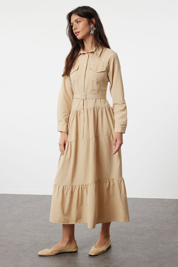 Trendyol Trendyol Beige Belted Woven Cotton Shirt Dress