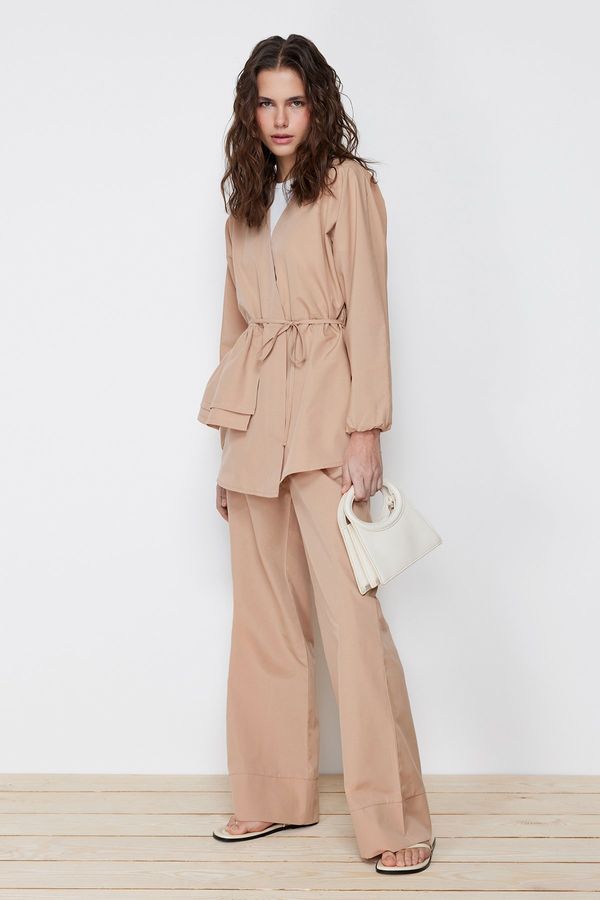 Trendyol Trendyol Beige Cotton Woven Kimono Trousers Top and Bottom Set