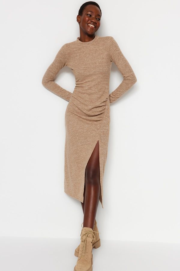Trendyol Trendyol Beige Crew Neck, Soft Midi Slit and Collect Detail Fitted Knitted Dress