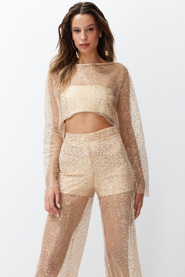 Trendyol Trendyol Beige Crop Unlined Shiny Sequined Knitted Mesh Blouse