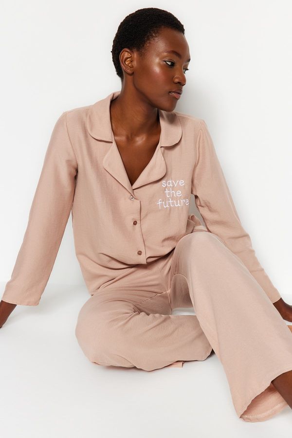 Trendyol Trendyol Beige Embroidered Shirt-Pants Woven Pajamas Set