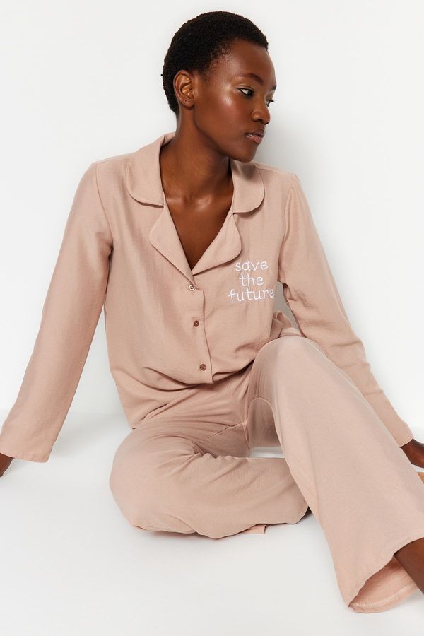 Trendyol Trendyol Beige Embroidered Shirt-Pants Woven Pajamas Set