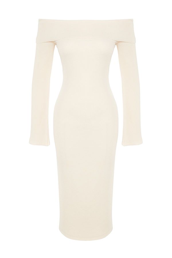 Trendyol Trendyol Beige Fitted Carmen Collar Ribbed Soft Textured Midi Flexible Knitted Pencil Dress