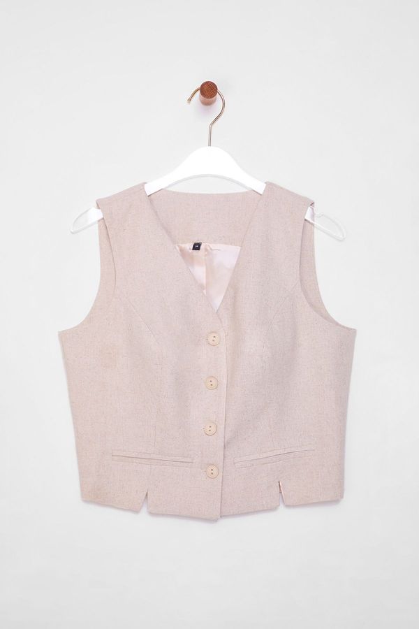 Trendyol Trendyol Beige Fitted Linen V-Neck Crop Vest