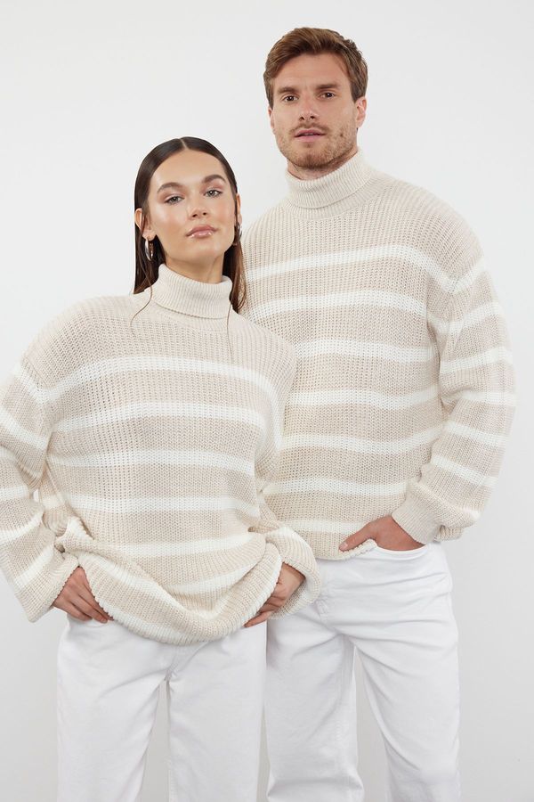 Trendyol Trendyol Beige FL Oversize Turtleneck Striped Knitwear Sweater