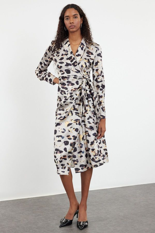 Trendyol Trendyol Beige Geometric Wrap Midi Animal Patterned Woven Dress with Tie Detail