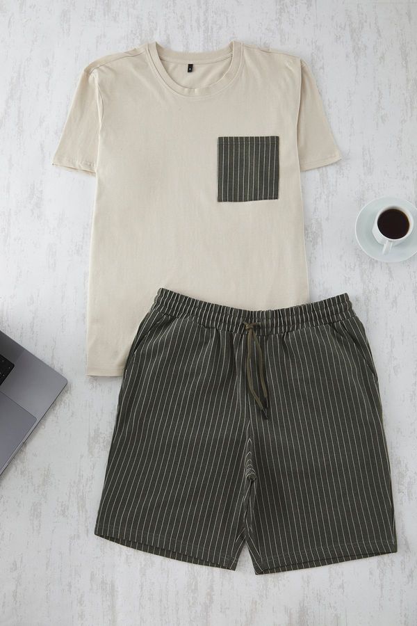 Trendyol Trendyol Beige-Khaki Regular Fit Striped Knitted Shorts Pajama Set