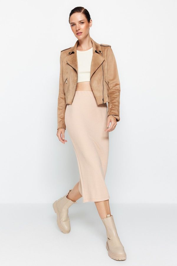 Trendyol Trendyol Beige Knitted Midi Skirt With Slit Detail and Soft Touch.