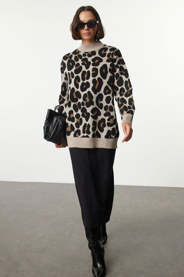 Trendyol Trendyol Beige Leopard Patterned Knitted Sweater