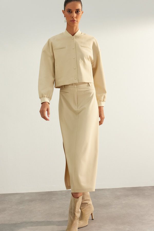 Trendyol Trendyol Beige Limited Edition High Quality Faux Leather Slit Detailed Midi Woven Skirt
