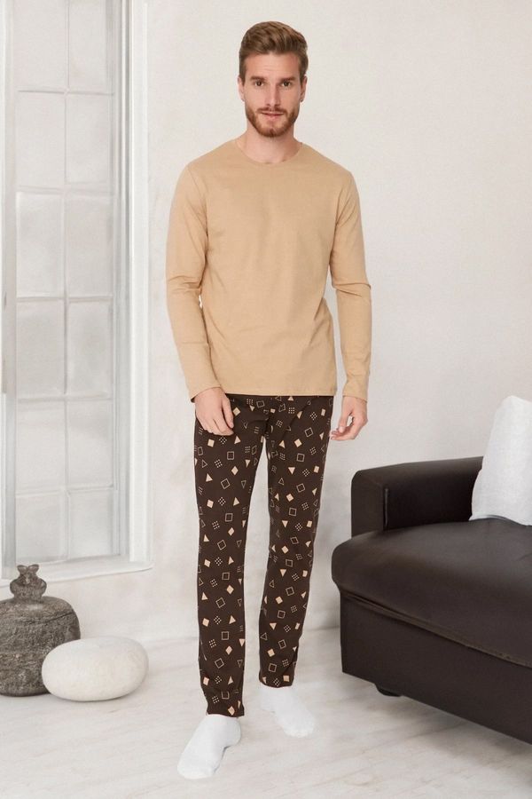 Trendyol Trendyol Beige Men's 100% Cotton Regular Fit Printed Knitted Pajamas Set