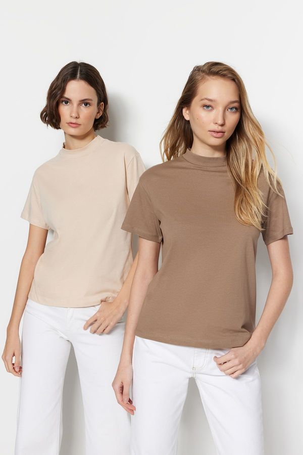 Trendyol Trendyol Beige-Mink 2 Pack 100% Cotton Basic High Collar Knitted T-Shirt
