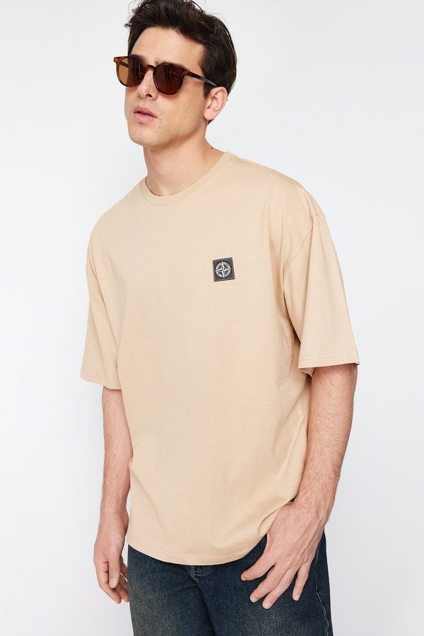 Trendyol Trendyol Beige Oversize Compass Label 100% Cotton T-Shirt