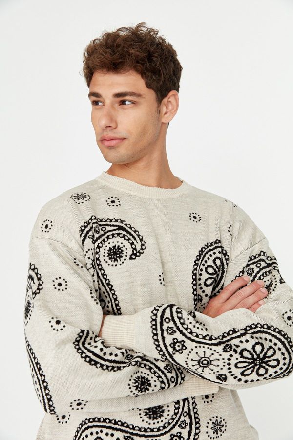 Trendyol Trendyol Beige Oversize Paisley Patterned Crew Neck Knitwear Sweater