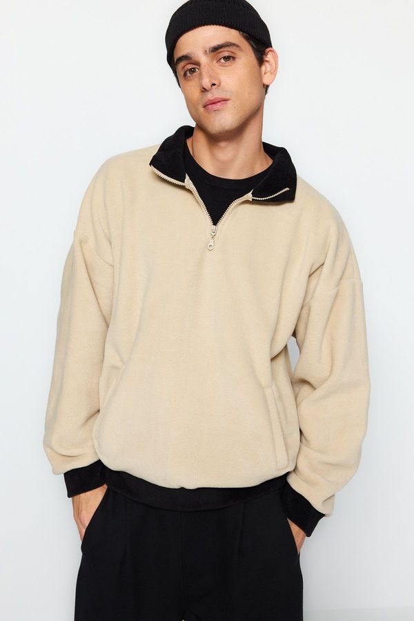 Trendyol Trendyol Beige Oversize/Wide Cut Half Zipper Stand Collar Color Block Fleece Sweatshirt