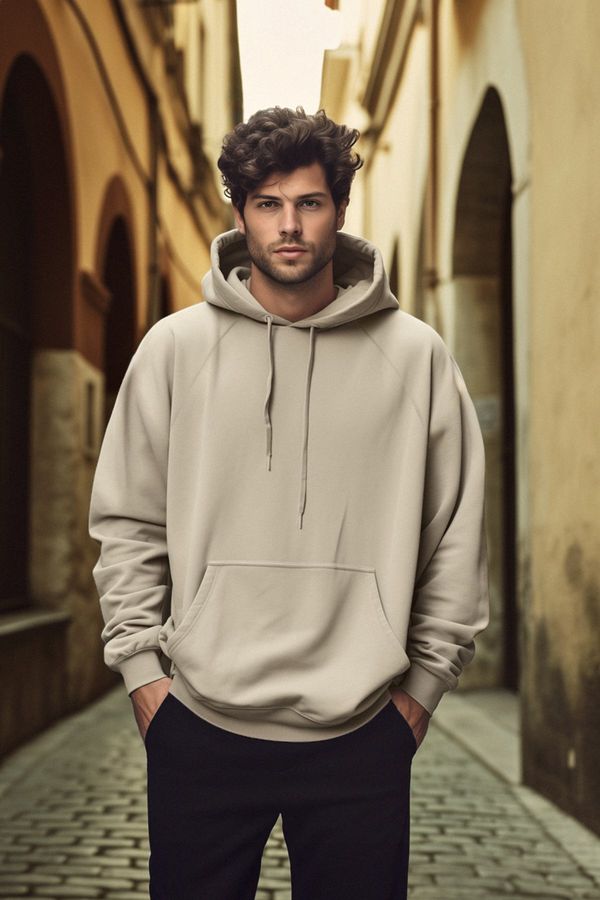 Trendyol Trendyol Beige Oversize/Wide Cut Hooded Fleece/Warm Sweatshirt