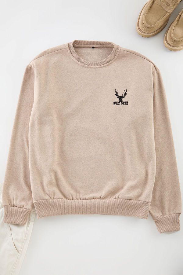 Trendyol Trendyol Beige Oversize/Wide Cut Long Sleeve Animal Embroidered Sweatshirt